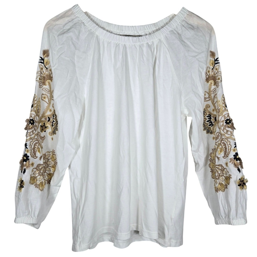 Talbots White Cotton Embroidered Sleeve Peasant Top Womens Medium Floral Gold
